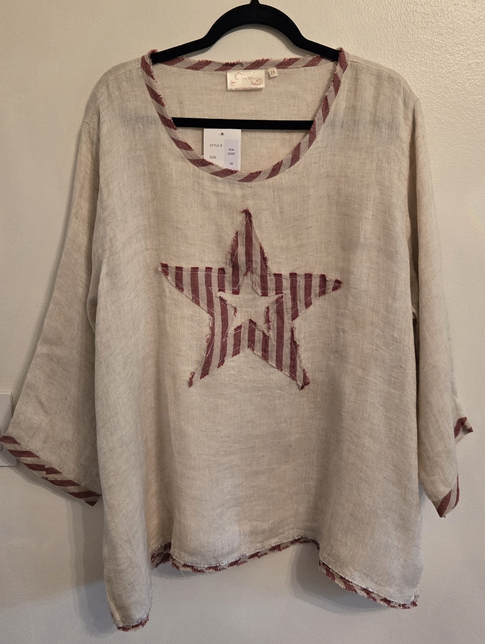 Paper Lace Womens Linen Star Top Red Cream July 4th Size 2X NWT